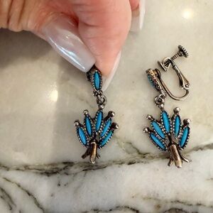 Elegant vintage Silver tone  and Blue Peacock Earrings